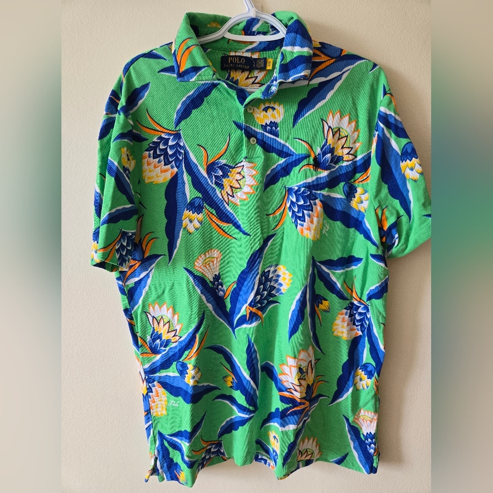 Polo by Ralph Lauren Vibrant Green & Blue Floral Tropical 100% Cotton Polo